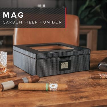CASE ELEGANCE MAG - Настільний вологомір для сигар, горіх, вміщує 20-30 сигар, скляна кришка з магнітним замком, восьмигранна форма, цифровий гігрометр, іспанська кедр (карбон)