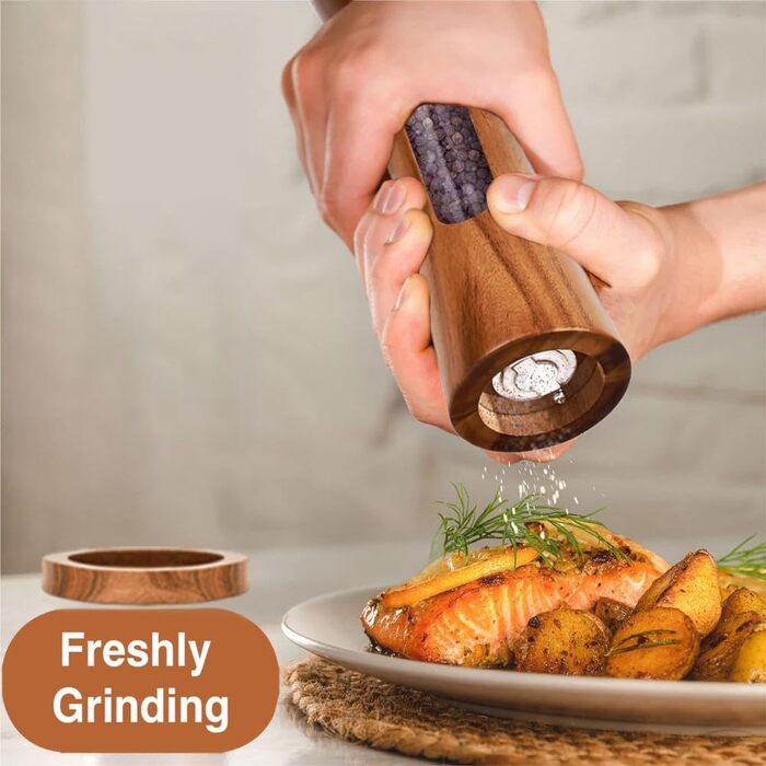 Дерев'яна мельниця для солі та перцю з підставкою, ручна, з регульованим керамічним жорном, 20 см
