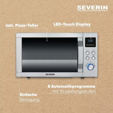 Мультифункціональна мікрохвильова піч Severin Crispy Wave 4-в-1 з конвекцією до 230°C, аерофритюрницею, грилем та духовкою, 25л, 2150 Вт, MW 7982, нержавіюча сталь