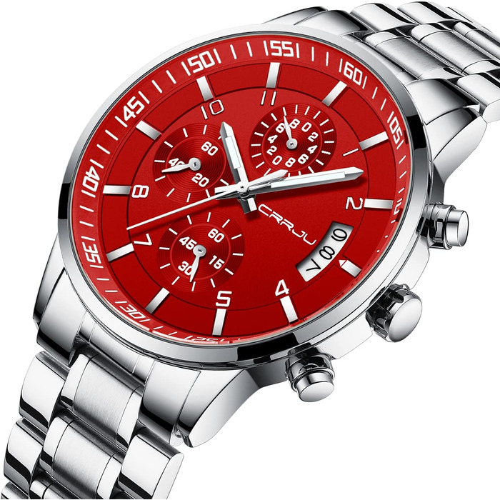 Чоловічий годинник CRRJU Business з нержавіючої сталі, водонепроникний хронограф з календарем, аналоговий кварцовий годинник з нержавіючої сталі (сріблястий, червоний)