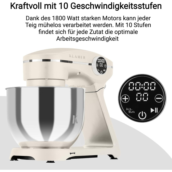 Кухонний комбайн KLAMER 1800W, планетарний міксер для тіста з чашею з нержавіючої сталі 6л (Premium Creme)