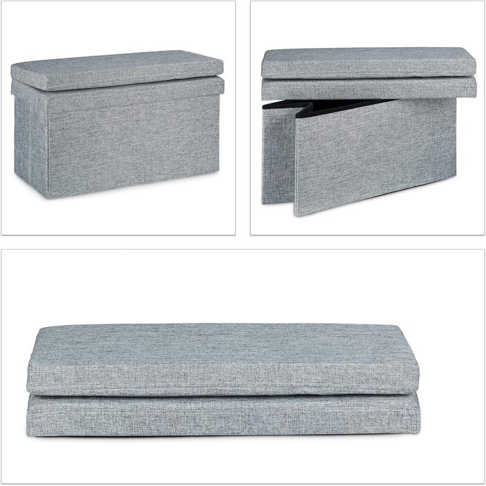 Складаний пуф Relaxdays з спинкою, 73x76x38 см, сіра лавка-скриня з лляної тканини, з місцем для зберігання та кришкою