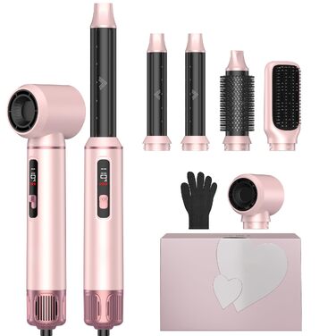 Мультистайлер для волосся 6 в 1 MogaWave Pro Air Styler 1000W: фен, автоматичний стайлер для завивки, вирівнювач та об'ємна щітка (Рожевий)