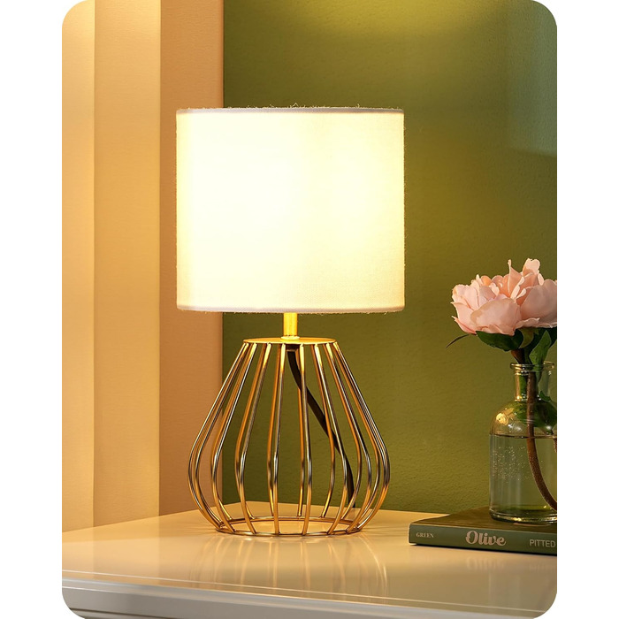 EDISHINE Настільна лампа, сучасний дизайн, індустріальний стиль, Е14 цоколь, вінтажна, для спальні/вітальні, бежево-чорна (льон + золото)