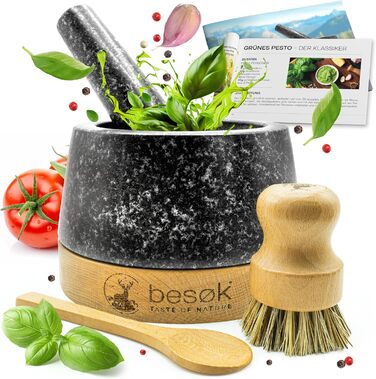 Гранітний млинок для спецій з товкачем, щіткою, рецептами та дерев'яною підставкою - 350 мл