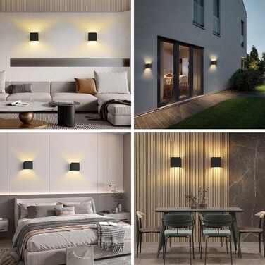 LED настінний світильник 12W, алюмінієвий, регульований кут світла, IP54, тепле біле світло 3000K, для вітальні, спальні, саду, для внутрішнього та зовнішнього використання, 2 шт., колір: білий/чорний
