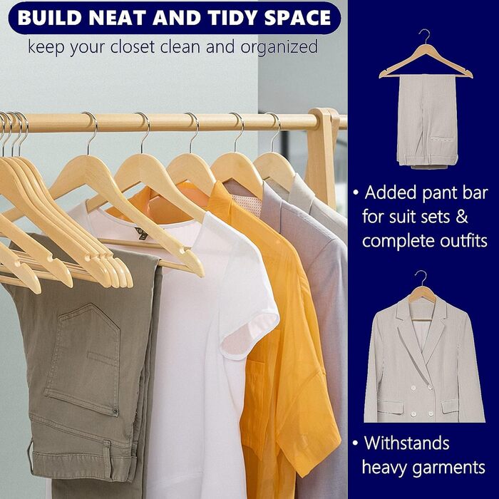 Дерев'яні вішалки для одягу Amber Home, білі, 30 шт. з антиковзною перекладиною для штанів, сорочок, курток та суконь (натуральне дерево)