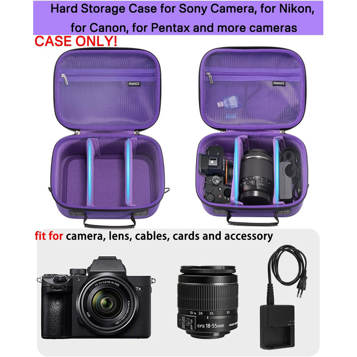 Чохол для камери Sony Alpha 7 II III IV/7R V, Nikon, Canon, Pentax - жорсткий, фіолетовий, з відділенням для зарядного пристрою та аксесуарів RAIACE