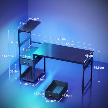 Ігровий стіл Coleshome з LED-підсвічуванням 120x48 см з ящиками та полицею, обертовий, з тримачем для навушників, карбонове волокно, чорний