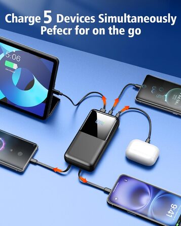 Power Bank 40000mAh з 3 портами USB та 2 кабелями, чорний. Сумісний з iPhone, Samsung Galaxy