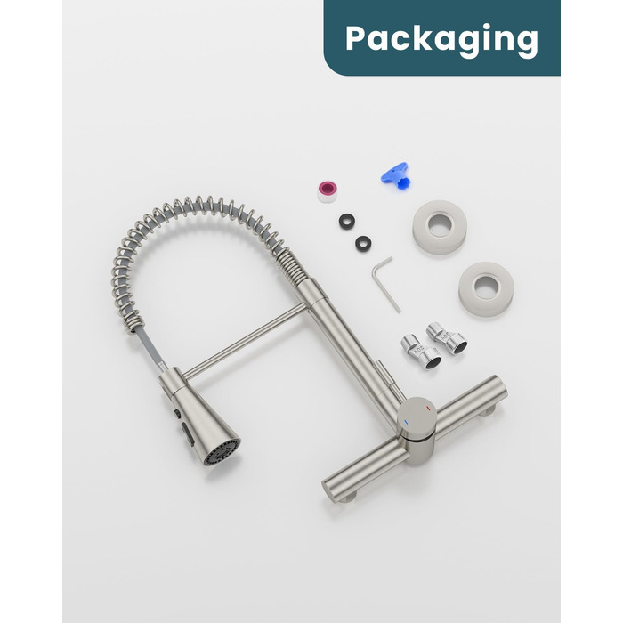 Змішувач кухонний настінний DAYONE з висувною лійкою, нержавіюча сталь, 3 режими, 360° обертання, відстань між отворами 15 см, матовий