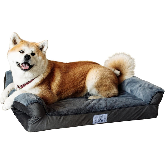 Ортопедичне ліжко для собак великих порід, диванчик для собак з високим бортиком, ліжко для домашніх тварин, собаче ліжко-софа, бавовняне льон та штучне хутро (L(90 * 68 * 20cm)) (Сірий, M(75*57*20cm))