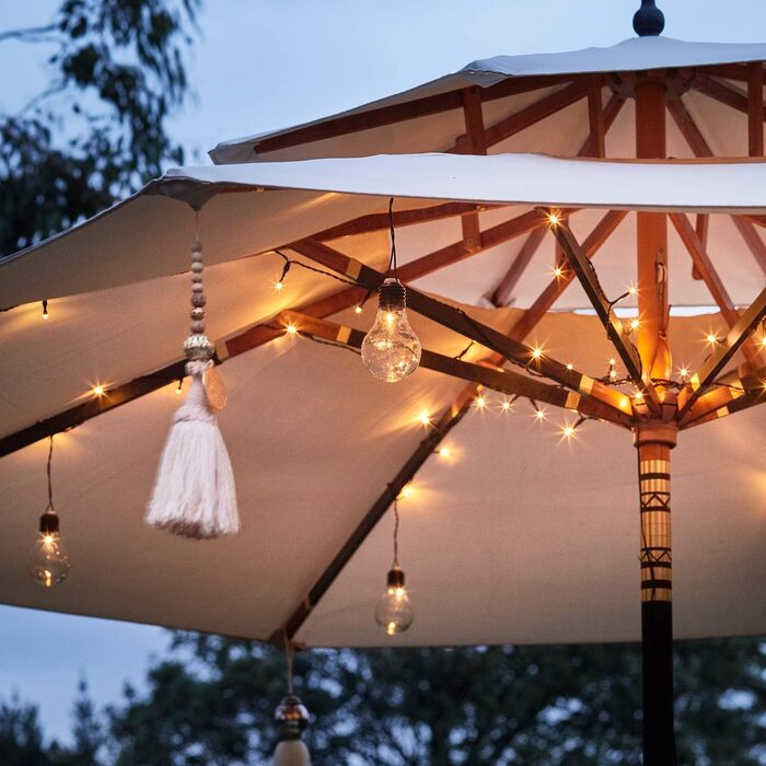 Lights4fun LED Party String Lights for Parasol, Balcony, Warm White, Timer, Battery Operated, String Lights, LED Bulbs, Parasol with LED Lighting, Gazebo Shade Lighting