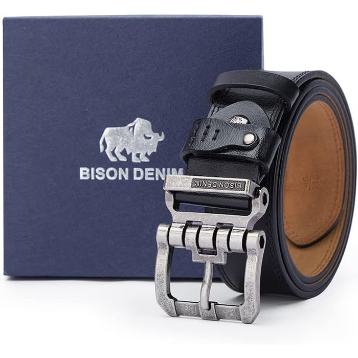 Чоловічий шкіряний ремінь BISON DENIM з надійною пряжкою: класичний, міцний, для джинсів. Довжина 115 см, підходить для об'єму талії 36-39 дюймів.