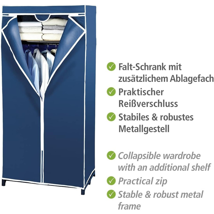 WENKO Air Wardrobe, practical fabric wardrobe for dust-free storage of textiles, stable metal frame, easy assembly, breathable non-woven material, 75 x 150 x 50 cm, Navy (with shelf)