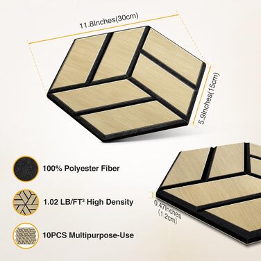 Акустичні 3D панелі JAMELO з натурального шпона дуба, самоклеючі гексагональні стінові панелі для декору стін та стелі, 30x15x1.2 см, 10 шт., натуральний колір