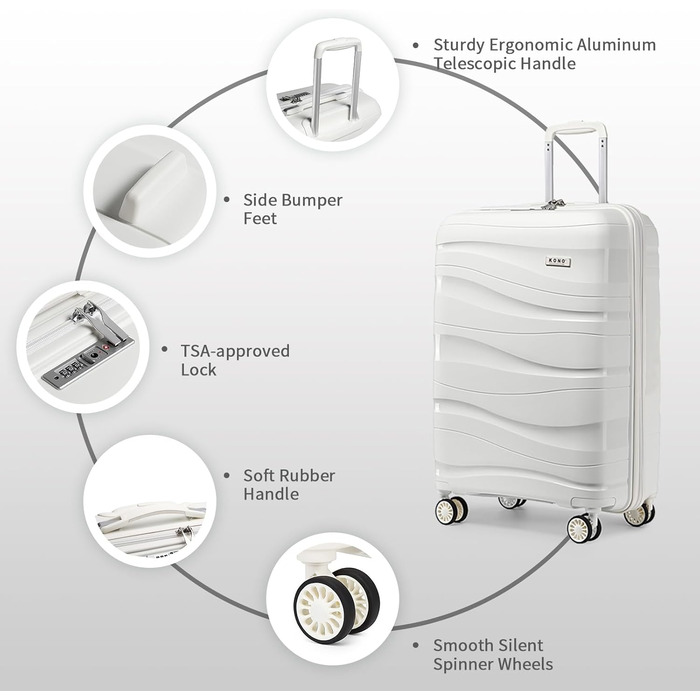 Набір валіз KONO 2 шт: ручна валіза-тележка 56 см + косметичка з поліпропілену, жорсткий корпус, 4 колеса, TSA-замок (кремово-білий)