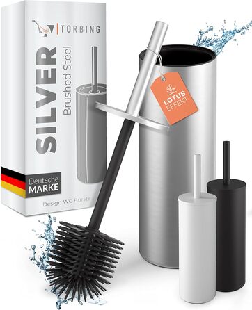 Тойлетний щітка TORBING Design з нержавіючої сталі з закритим тримачем - щітка для унітазу з силікону з ефектом лотоса - сучасний дизайн, елегантні кольори, подовжений ручка (Brushed Steel Silver)