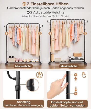 Стійка для одягу на колесах Yorbay: міцна металева вішалка з полицею для багажу. Компактна вішалка для спальні, пральні, магазину (Чорний, 117.5 см)