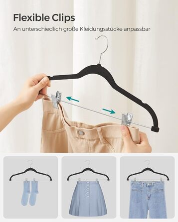SONGMICS Velvet Clothes Hangers, 20-Piece Set, Skirt Hanger, 42.5 cm wide, with adjustable clips, non-slip, space-saving, for trousers, coats, dresses, black CRF012B20