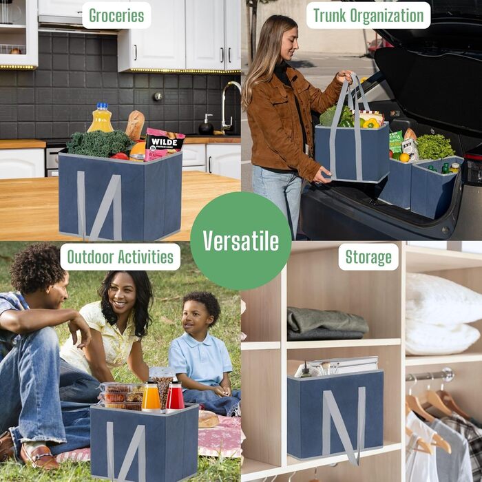 23.5 Liter Large Collapsible Shopping Bag, Folding Boxes with Reinforced Bottom, Reusable Shopping Bags, Holds Up To 15 kg Shopping Bag (3-Pack) (Dark Blue)