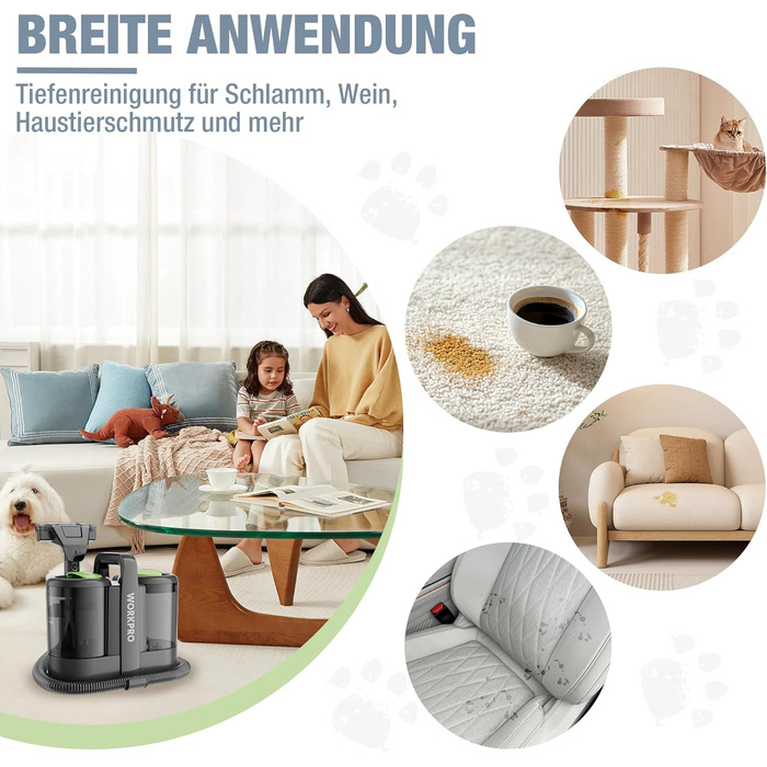 WORKPRO Мийний пилосос 450W 13kPa, 1.6L з миючим засобом та 2 насадками, для чищення килимів, меблів та авто