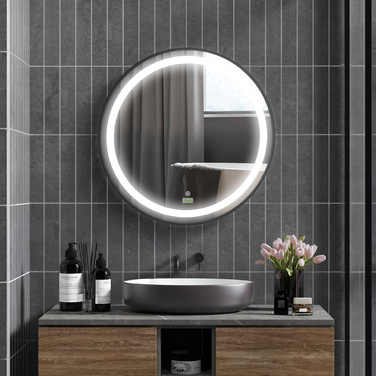Kleankin LED Bathroom Mirror Ø60cm, Bathroom Mirror with 3 Light Colors, Touch Function, Memory Function, IP44, Black for Modern Bathroom