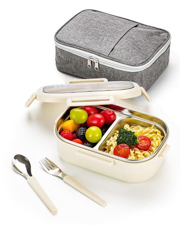 Ланчбокс Lille Home з нержавіючої сталі з 2 відділеннями, 850 мл, витокозахисний, з сумкою та столовим прибором, BPA-free (Бежевий)