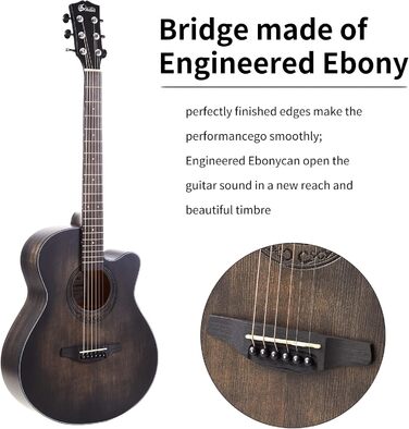 Акустична гітара Soldin 40 дюймів Premium з масивної соснової верхньої деки. Комплект: гітара, підставка, тюнер, ремінь, каподастр, струни, серветка для чищення, медіатори (Чорний)