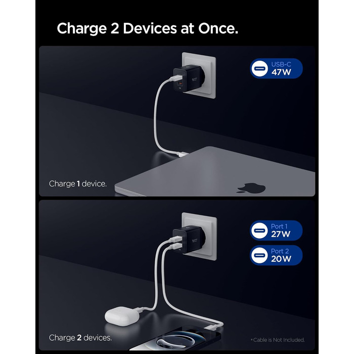 Зарядний пристрій Spigen ArcStation Essential GaN 47W 2xUSB-C з PPS та PD 3.0, чорний