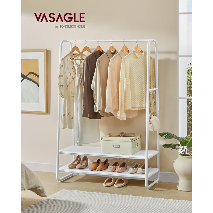 VASAGLE Clothes Rack, Coat Stand, Wardrobe, 2 Shelves, 6 S-Shaped Hooks, Steel Frame, for Bedroom, Hallway, Entrance Area, Cloud White-Matt White RGR112W02