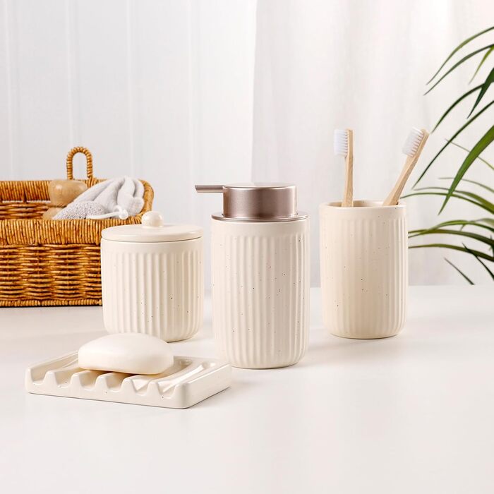 Набір для ванної кімнати з кераміки, 4 шт. (органайзер, дозатор мила, мильниця, стакан для зубної пасти, контейнер для ватних паличок), преміум якість, кольоровий