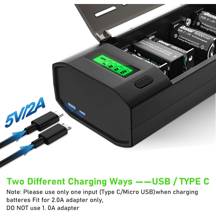 Інтелектуальний зарядний пристрій BONAI для акумуляторів AA/AAA/SC/C/D NI-MH з LCD дисплеєм та функцією розряду, універсальний, швидка зарядка