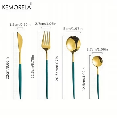 Набір золотих столових приборів 30 предметів — сталь, смарагдово-зелений колір