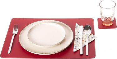 Placemats and Coasters (Set of 4) made from recycled leather, placemats, 4 placemats and 4 coasters, table mats and coasters 10 x 10 cm (Christmas Red, 40 x 30)