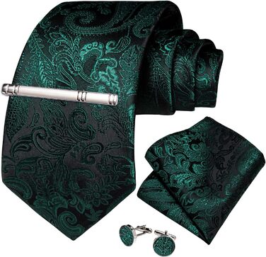 Краватка чоловіча шовкова з павальок та квітковим принтом DiBanGu (темно-зелена) + комплект краватка, кишеньковий хустинка, запонки, клямка для краватки
