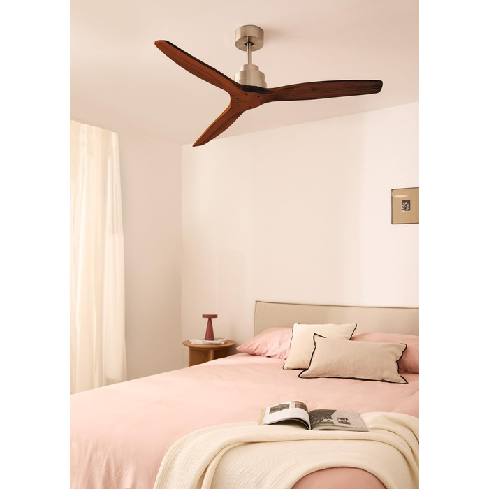 Вентилятор стельовий WINDSTYLANCE з дерева, з підсвіткою, Нікель, Wi-Fi, пульт, 40W, тихий, Ø132 см, 6 швидкостей, таймер, DC-двигун, літньо-зимовий режим, дерев'яні лопаті, без освітлення + вимикач