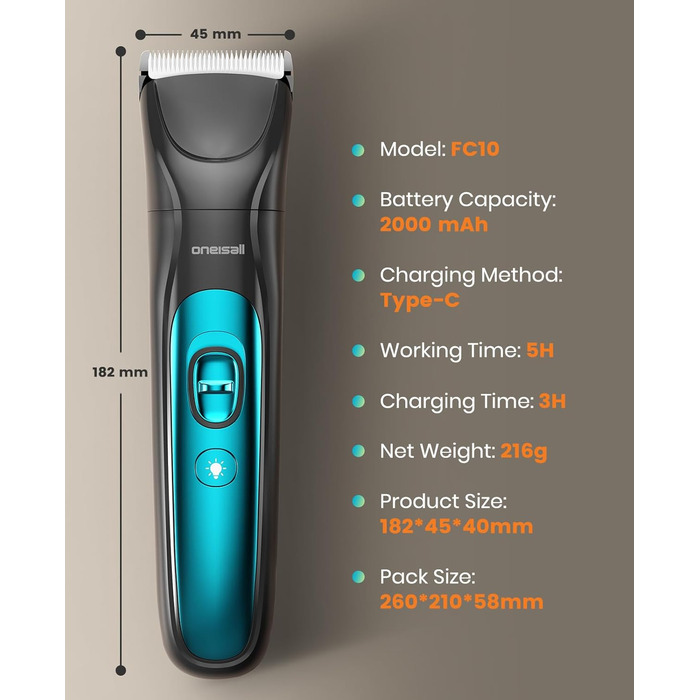 Oneisall 4-in-1 Pet Grooming Kit: Dog & Cat Hair Clippers, Trimmer & Nail Grinder with LED Light - Rechargeable Blue