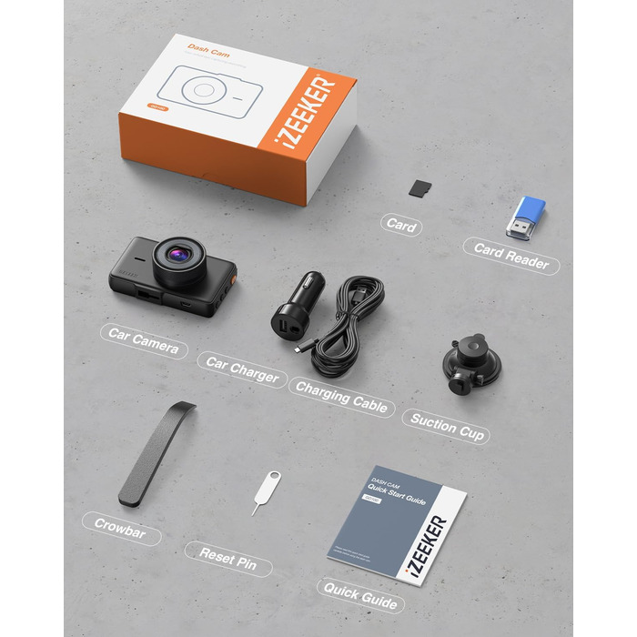 iZEEKER Dashcam 2.5K: відеореєстратор з дисплеєм 3' та 32GB карткою пам'яті, нічне бачення, WDR, 170° кут огляду, G-сенсор, паркувальний режим, Type-C