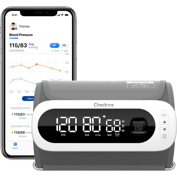Тонометр на плечі CheckMe BP2A Nexus з великим дисплеєм, середнє значення за 3 вимірювання, бездротова манжета (22-42 см), додаток для iOS/Android, легке читання та професійна точність