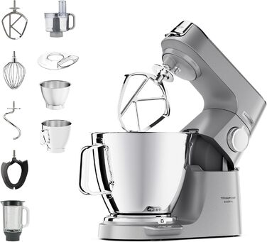 Кухонний комбайн Kenwood Titanium Chef Baker XL KVL85.424SI з вагою, 2 чашами, 1200 Вт, 4 насадки для випічки, скляний блендер, подрібнювач, сріблястий