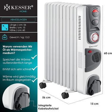 Електричний масляний радіатор KESSER® 2500W з вентилятором, 11 ребер, білий. Масляний обігрівач з таймером, регулюванням температури та захистом від перегріву.