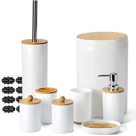 Bamboo Bathroom Accessories, 8-Piece Bathroom Accessory Set with Trash Can, Toothbrush Holder, Soap Dispenser, Soap Dish, Plastic Q-Tip Holder