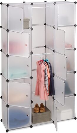 Relaxdays Clothes Rack System with 11 Compartments, Wardrobe with 2 Clothes Rails, DIY Plastic Plug-in Shelf, White (Transparent)