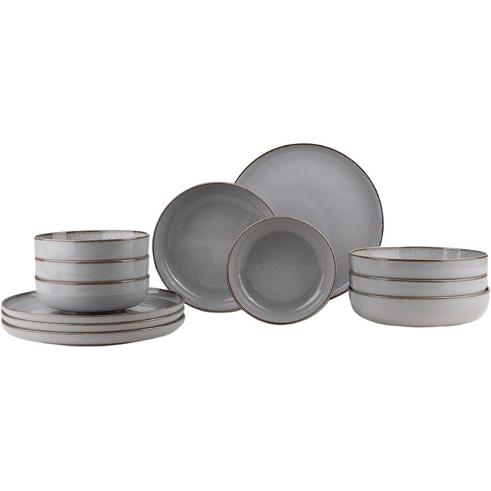 Набір посуду Kutahya Porselen (12 предметів) для 4 осіб – Сучасний порцеляновий сервіз Pearl Grey – Тарілки, супові тарілки та миски – Підходить для миття в посудомийній машині