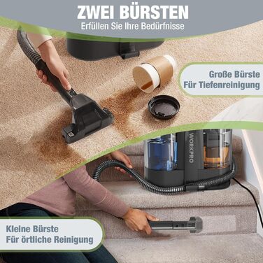 WORKPRO Мийний пилосос 450W 13kPa, 1.6L з миючим засобом та 2 насадками, для чищення килимів, меблів та авто