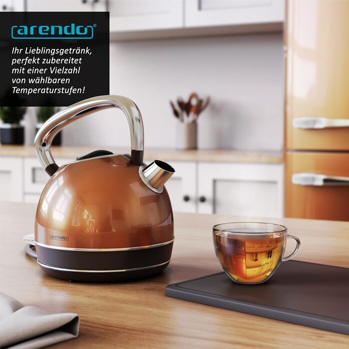Електричний чайник Arendo з регулюванням температури, LED дисплеєм та сенсорною панеллю. Ретро-дизайн, об'єм 1,7 л, функція підтримки тепла, вимірювання, змінний фільтр від накипу. Матеріал: нержавіюча сталь, колір: мідний.