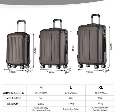 Набір валіз Beibye Hartschalen: M, L, XL (3 шт.) з ручкою-телескопом, 4 колеса, колір кава