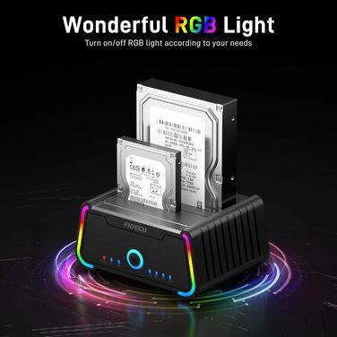 Док-станція для жорстких дисків FIDECO USB 3.0 з RGB підсвічуванням, Dual-Slot, підтримка UASP та офлайн-клонування (2.5/3.5
