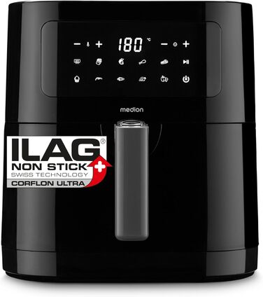 MEDION E40 XL Фритюрниця з гарячим повітрям (5.2 л, Airfryer, 2150 Вт, 9 автоматичних програм, функція випікання, без олії, сенсорне керування, LED дисплей, MD 11740) чорна